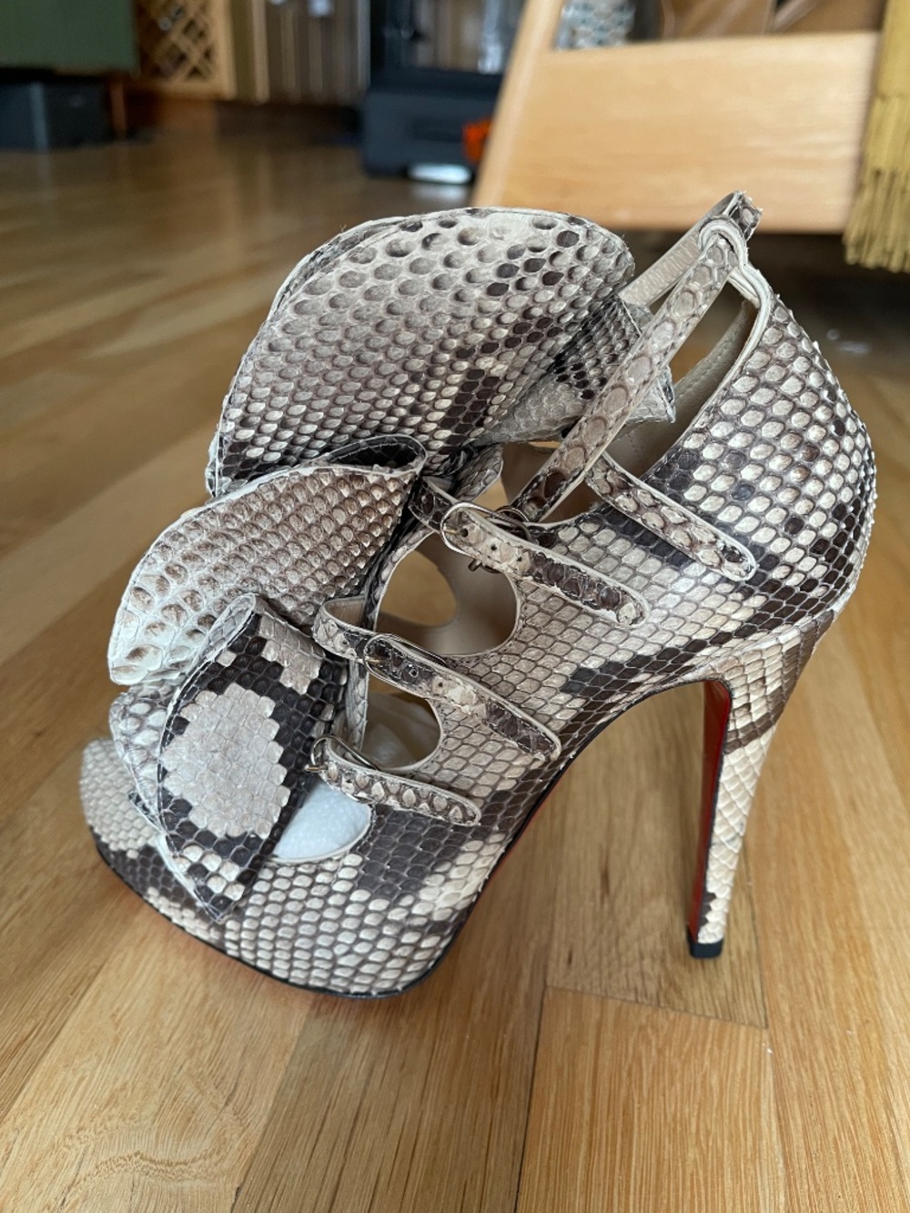 Christian Louboutin Snake-Print Ruffle Ankle Heels in Beige and Brown - Picture 6 of 14